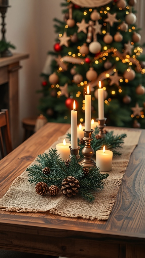 Rustic Christmas Decor Ideas Rustic Christmas decor with burlap, pinecones, and a decorated tree.